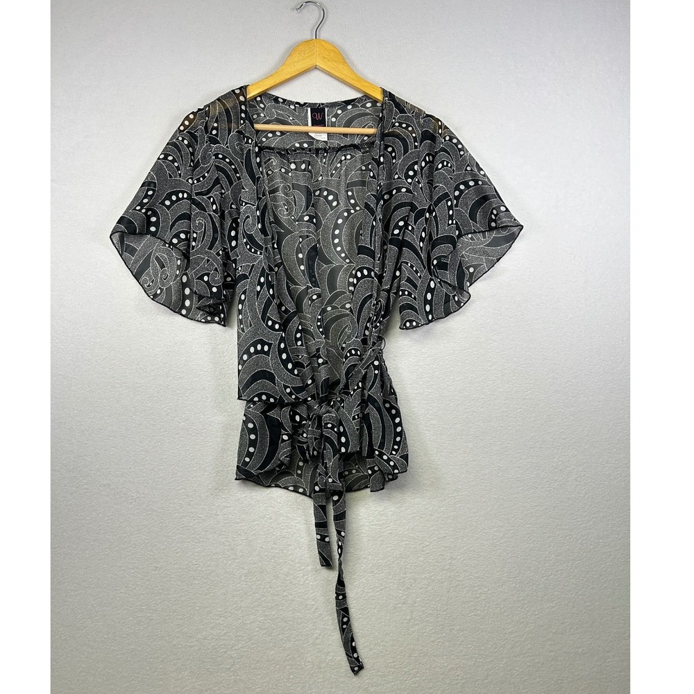 Wrapper Sheer Kimono Butterfly Sleeve Tie Waist Black White Print Women's Large‎